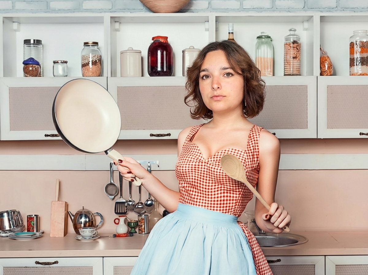 Natascha im Retro-Look der 1950er Jahre mit Bratpfanne und Kochlöffel in einer pastellfarbenen Küche.