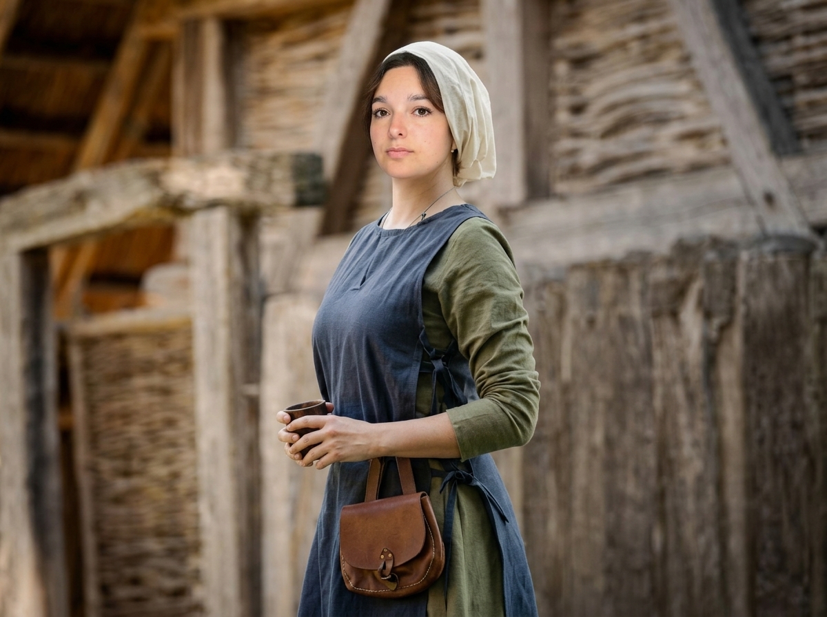Natascha als Frau im Mittelalter, in einfachem Leinengewand in einem mittelalterlichen Gehöft.