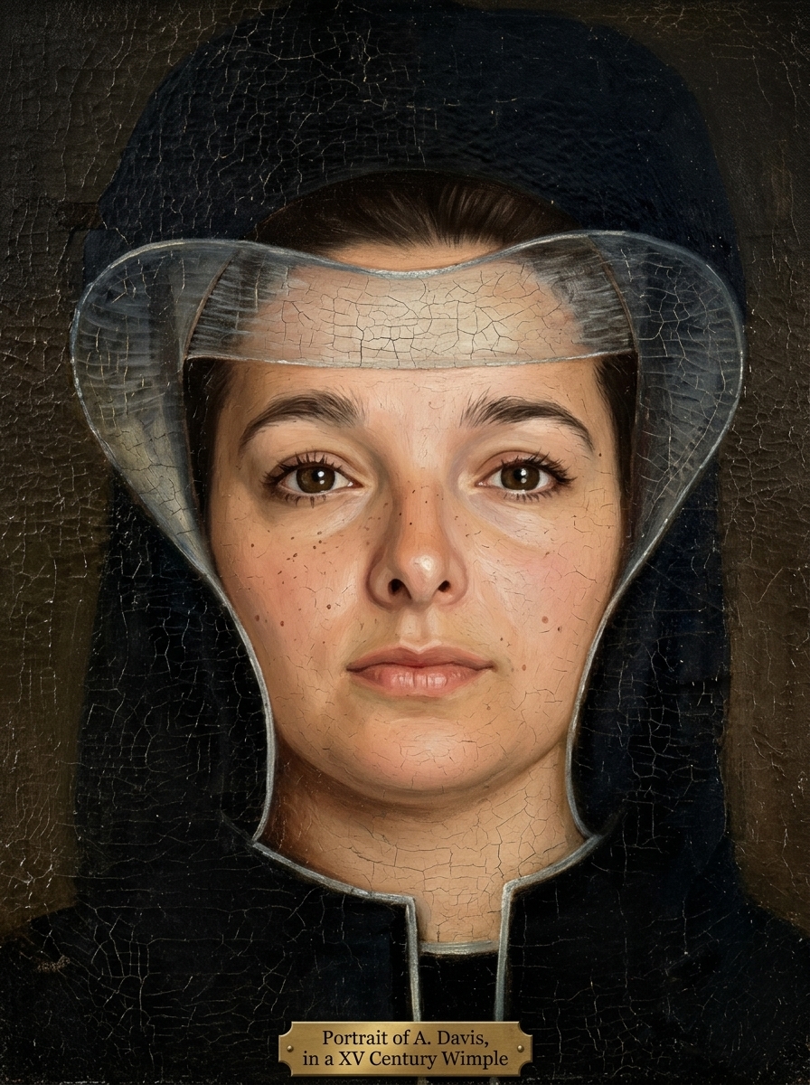 Natascha als gemaltes Renaissance-Porträt mit historischer Haube.