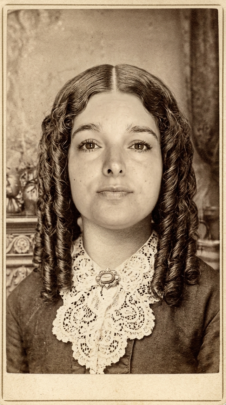 Natascha als sepiafarbene Porträtfotografie im Stil des 19. Jahrhunderts, mit Locken und Spitzenkragen.